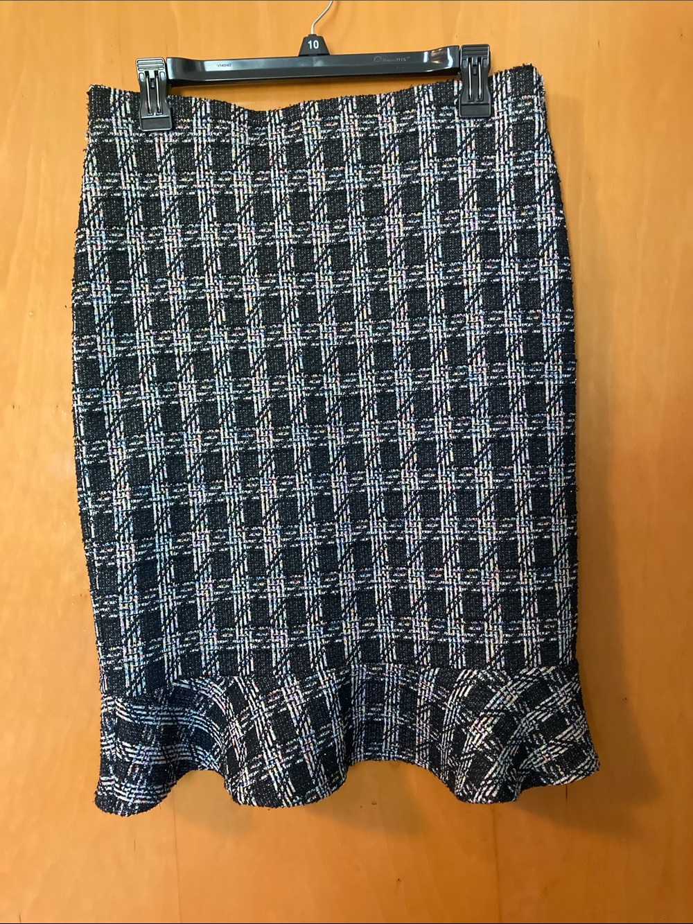 Black and White Tweed Pencil Skirt with Ruffle Hem